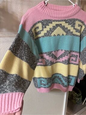 80’s vintage Pastel Patterned Knit Sweater - Pink, Yellow & Aqua